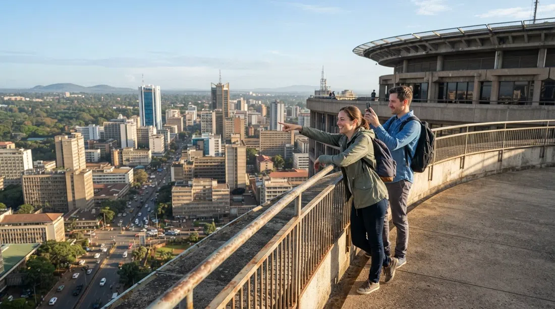 la torre del KICC y la plataforma de observación sobre City Square con luz matutina clara, con el horizonte de Nairobi y los bordes verdes distantes abajo