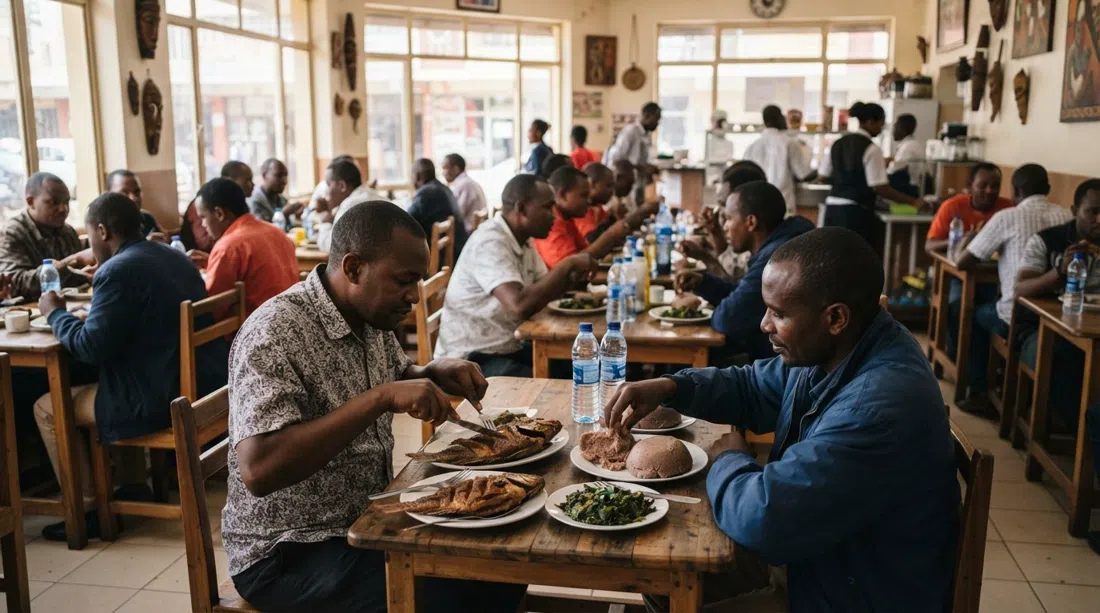 el comedor concurrido de K'Osewe Ranalo Foods en Kimathi Street a la hora del almuerzo, con platos de tilapia frita, ugali integral y verduras en mesas sencillas