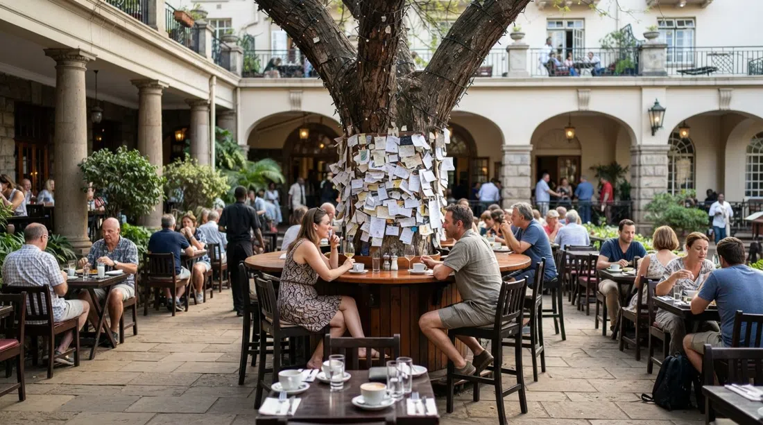 el Thorn Tree Café al aire libre en el Sarova Stanley, con la histórica acacia en el centro y mesas de café desbordándose hacia la acera