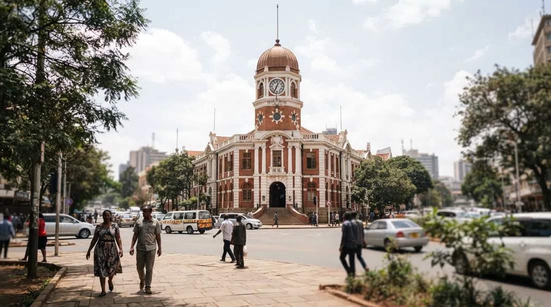la fachada victoriana de 1913 de la Nairobi Gallery y su cúpula octogonal en la rotonda del Punto Cero, vista desde la carretera a la luz del día