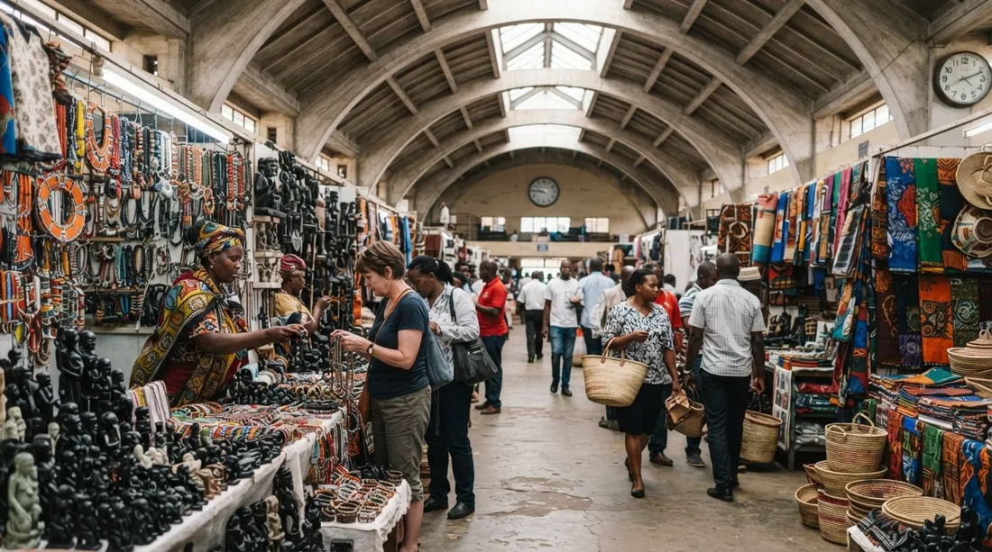 el interior del salón abovedado del City Market, con puestos de artesanías de cestería, tallas de esteatita y textiles bajo el techo de principios de los 30