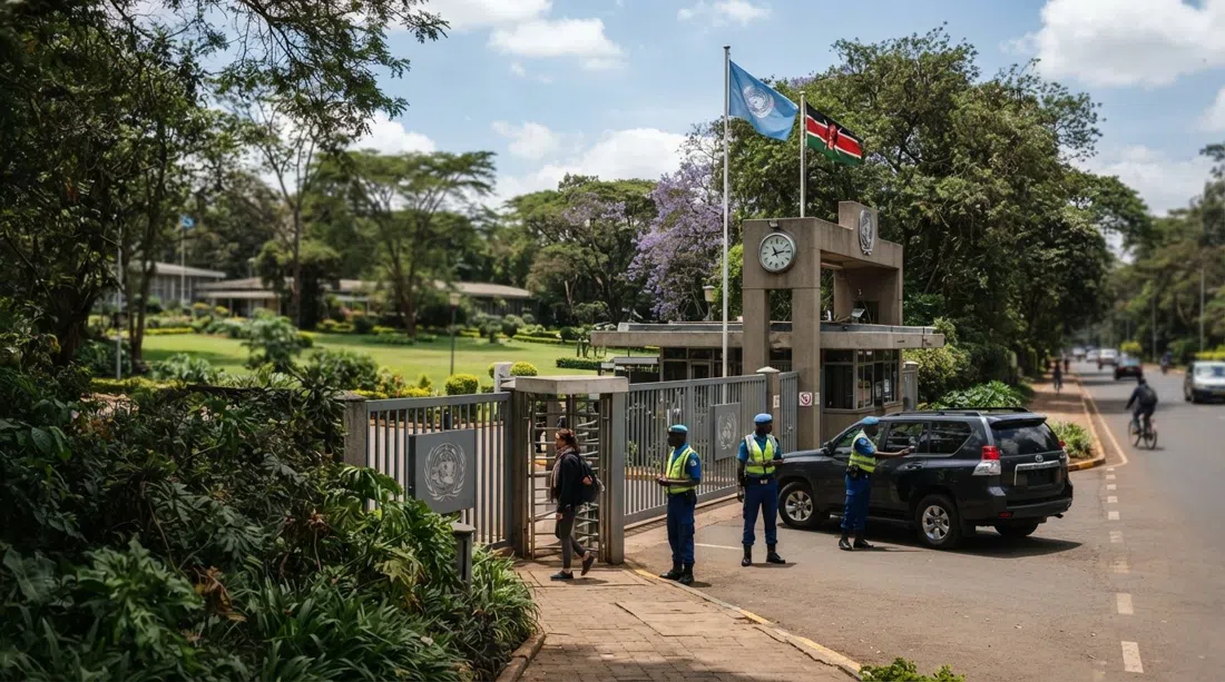 El campus de la Oficina de la ONU en Nairobi en Limuru Road, detrás de un paisaje ajardinado y boscoso con una entrada diplomática vigilada