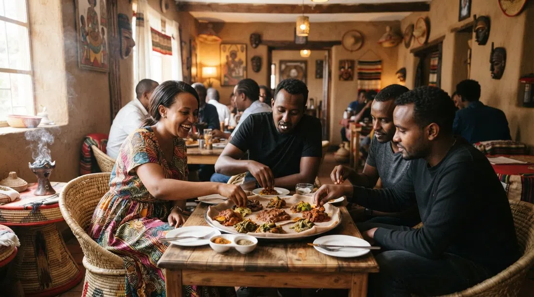 El comedor de Habesha detrás de la Embajada de EE. UU., con platos de injera, guisos especiados y un interior de antigua casa cálida iluminada con incienso