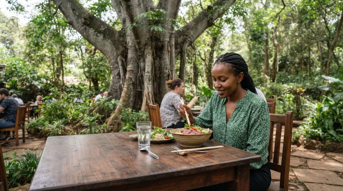 Cotton Tree en Thigiri Lane, cerca de la puerta Sigiria de Karura, con una mesa de jardín frondosa y un cuenco de pho de res con luz suave