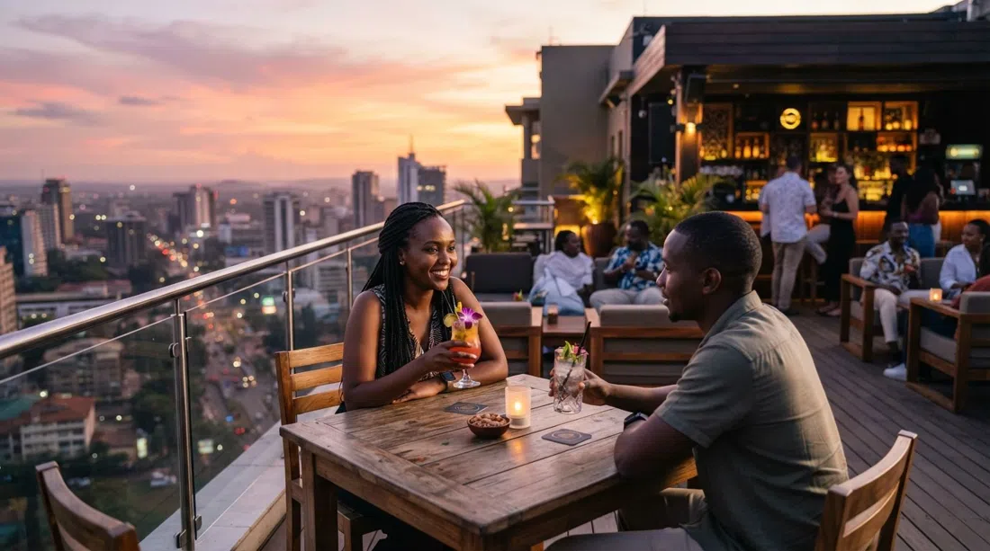 Hero Bar en el noveno piso del Trademark Hotel, con atardecer sobre Nairobi y cócteles en la terraza de la azotea