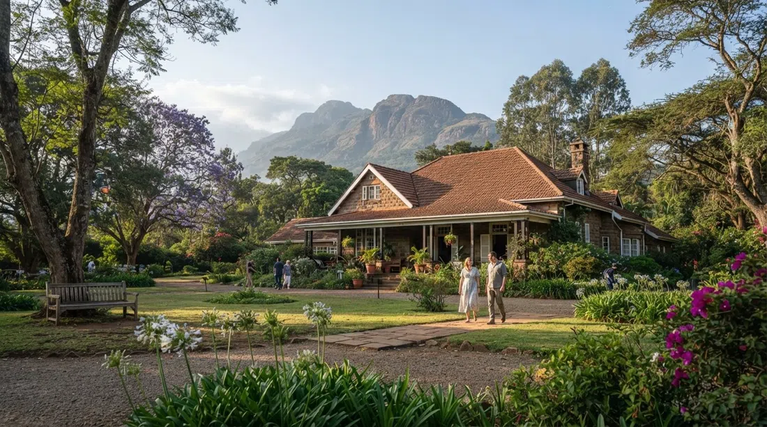 La casa de la finca y los jardines del Museo Karen Blixen al pie de las colinas de Ngong, con viejos árboles y un cielo matutino tranquilo