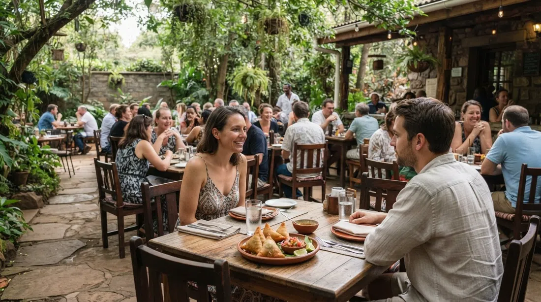 Una terraza jardín en Talisman en el 320 de Ngong Road, con mesas frondosas, un público relajado almorzando y samosas servidas con luz suave de la tarde