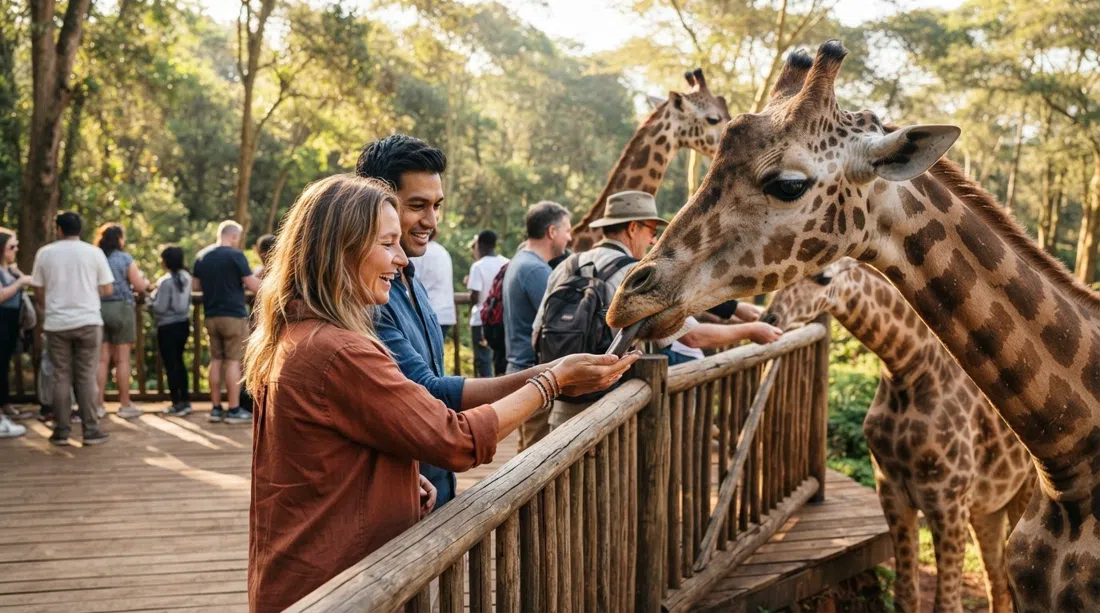 Visitantes en la plataforma elevada del Centro de Jirafas alimentando a mano a jirafas de Rothschild, con el sendero forestal al fondo bajo una luz matutina brillante