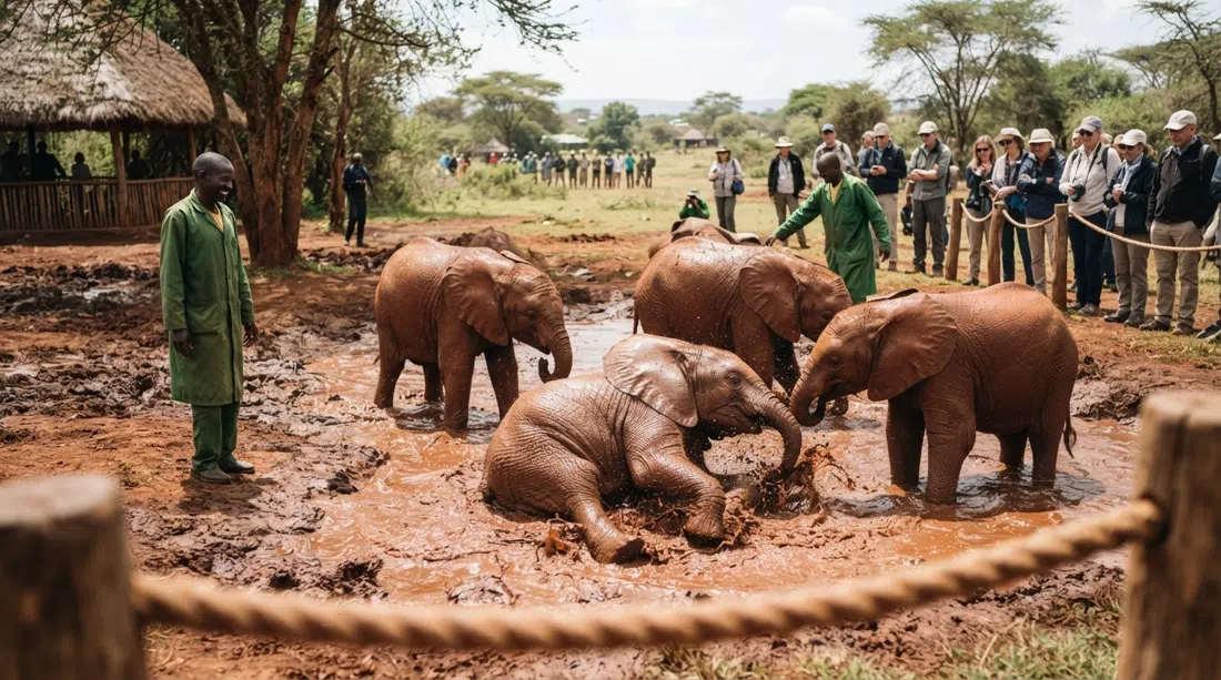Crías de elefante huérfanas bañándose en barro en Sheldrick Wildlife Trust durante la hora de visita pública, cuidadores cerca y tierra roja bajo los pies