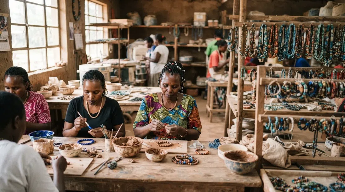 Mujeres en Kazuri Beads & Pottery Centre enrollando y esmaltando cuentas de cerámica en el taller, con coloridas joyas terminadas exhibidas cerca