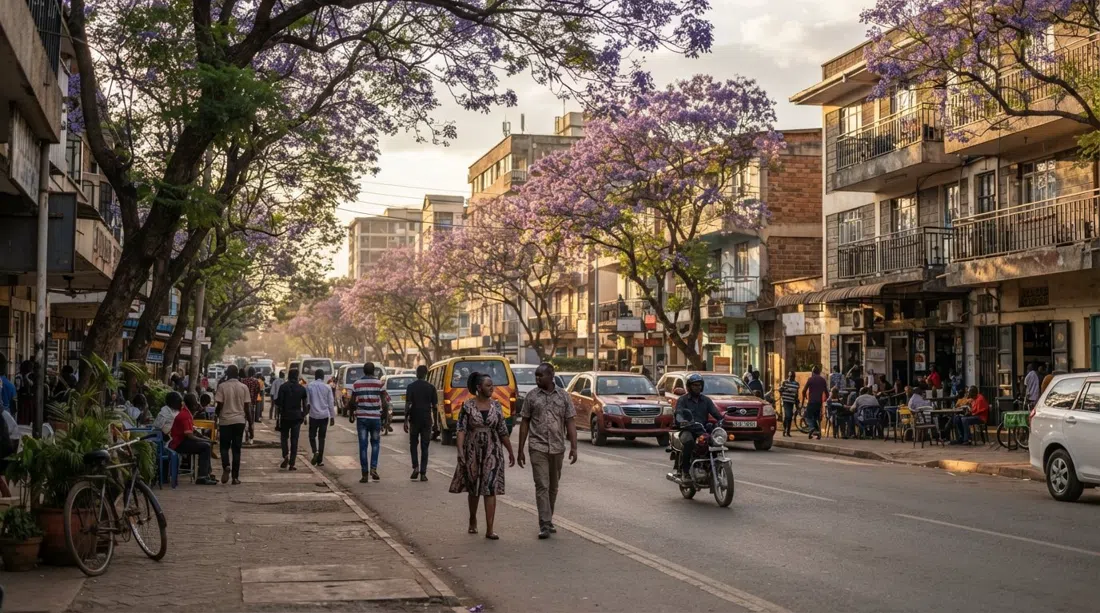 Argwings Kodhek Road en Kilimani al atardecer, con edificios de apartamentos bajos, sombra de jacarandas y frentes de restaurantes bordeando la calle