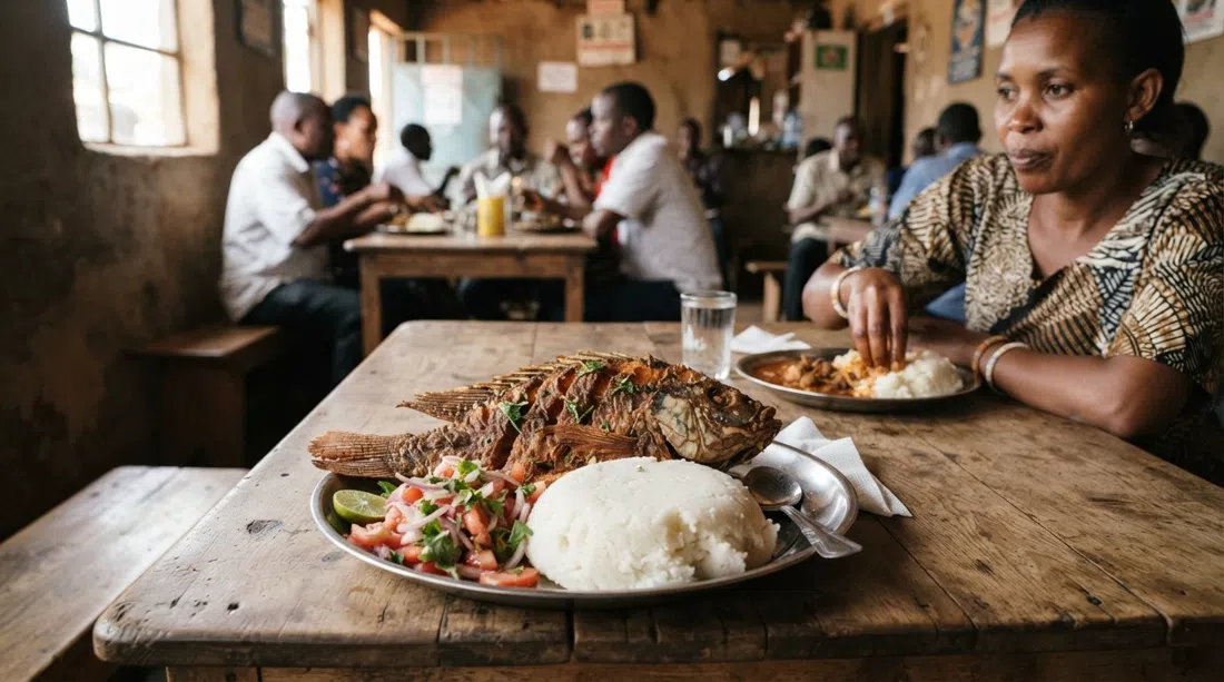 un plato de tilapia entera frita en Mama Oliech en un comedor rústico de Nairobi, servido con ugali y kachumbari sobre una mesa sencilla