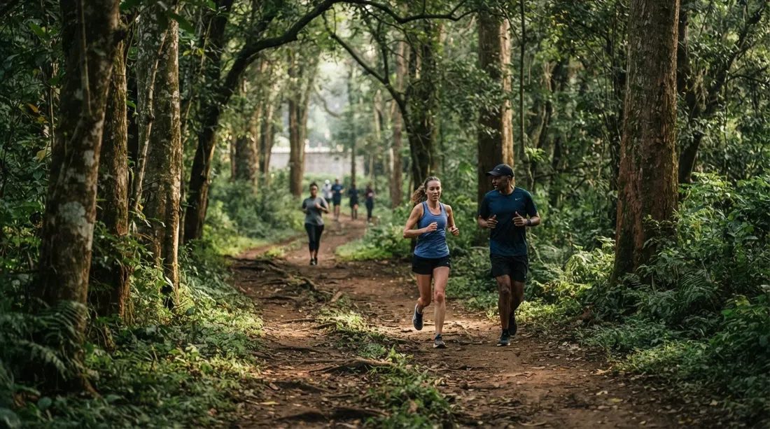 un sendero sombreado dentro del Nairobi Arboretum temprano por la mañana, con corredores, árboles y luz moteada cerca de State House