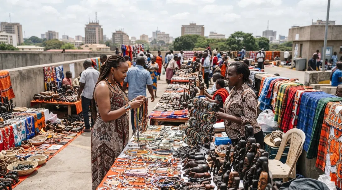 el Mercado Maasai dominical en las cubiertas de estacionamiento en la azotea de Yaya Centre, con trabajos de cuentas, tela kikoi y tallas esparcidas por los puestos bajo una luz brillante