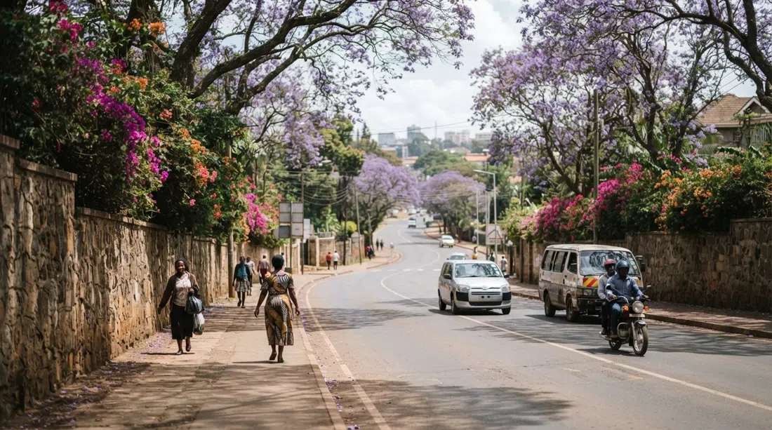 James Gichuru Road en Lavington a última hora de la mañana, sombra de jacarandá sobre carriles anchos y altos muros de piedra rematados con buganvilla