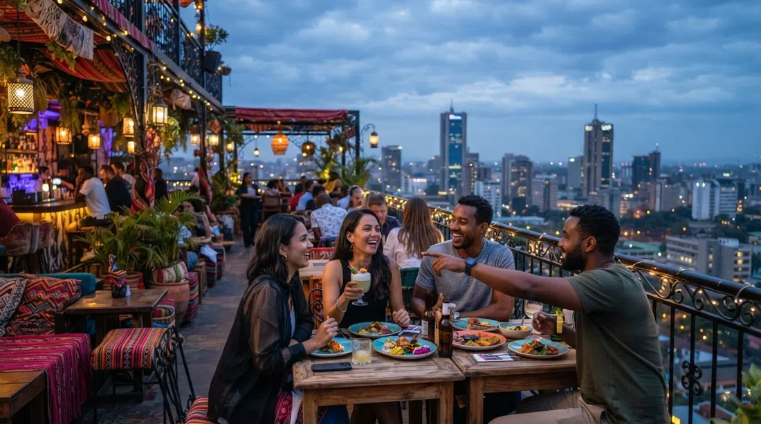 la azotea de Inca en The Social House con luz vespertina, decoración colorida de inspiración peruana, cócteles y platos para compartir en mesas con el horizonte de Nairobi al fondo