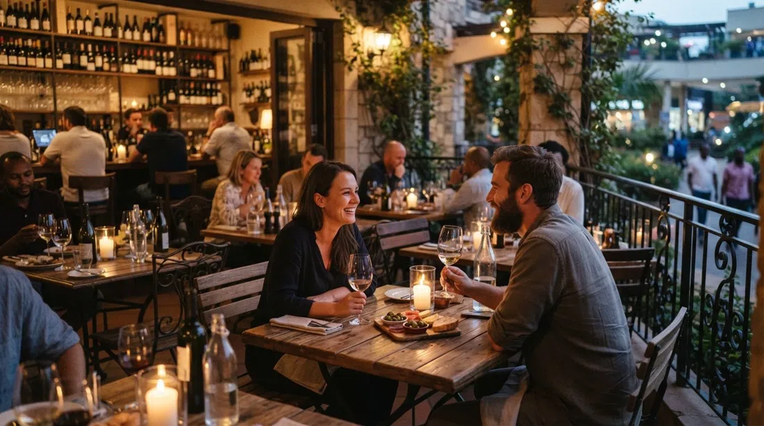 Le Bar à Vin en Lavington Corner Mall, mesas iluminadas con velas, filas de botellas de vino y platos pequeños en una terraza de bar de vinos al estilo francés por la noche