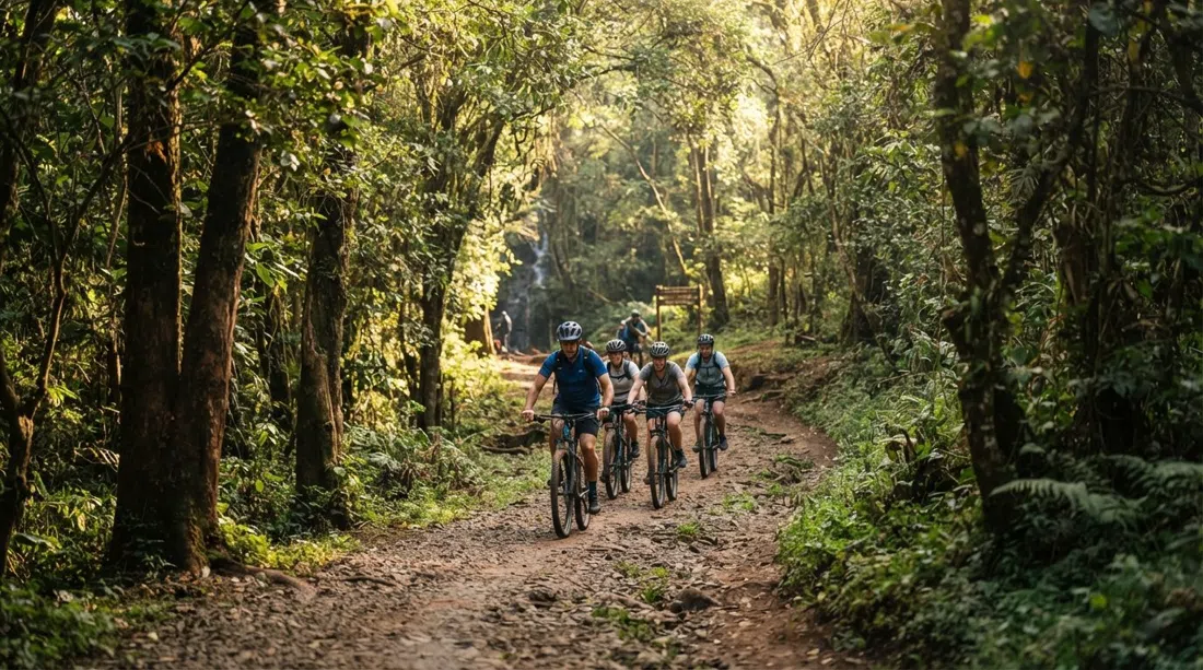 un sendero del Bosque Karura bajo el dosel autóctono, luz matutina moteada en un camino de paseo con ciclistas dirigiéndose hacia la cascada