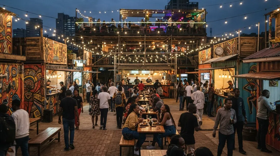 Nairobi Street Kitchen en Mpaka Road, luces de guirnalda y murales sobre el patio de comidas con mostradores de vendedores y un bar en la azotea arriba
