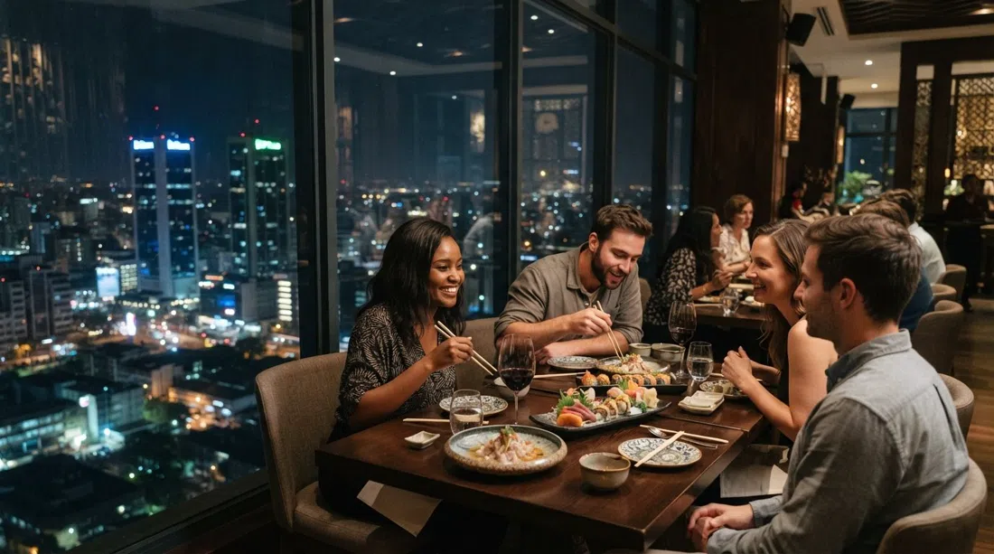 INTI en el piso 20 de One Africa Place, platos nikkei y una amplia vista del horizonte de Nairobi a través del cristal por la noche