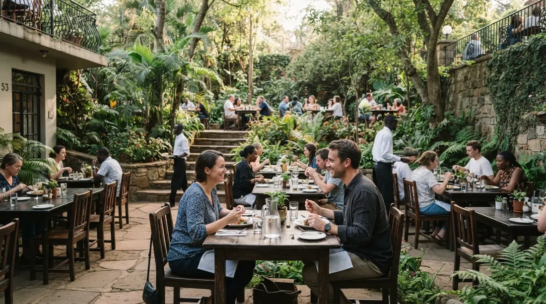Zona de comedor en el jardín hundido de About Thyme en la esquina de Peponi Road y Eldama Ravine, mesas frondosas con luz suave de la tarde