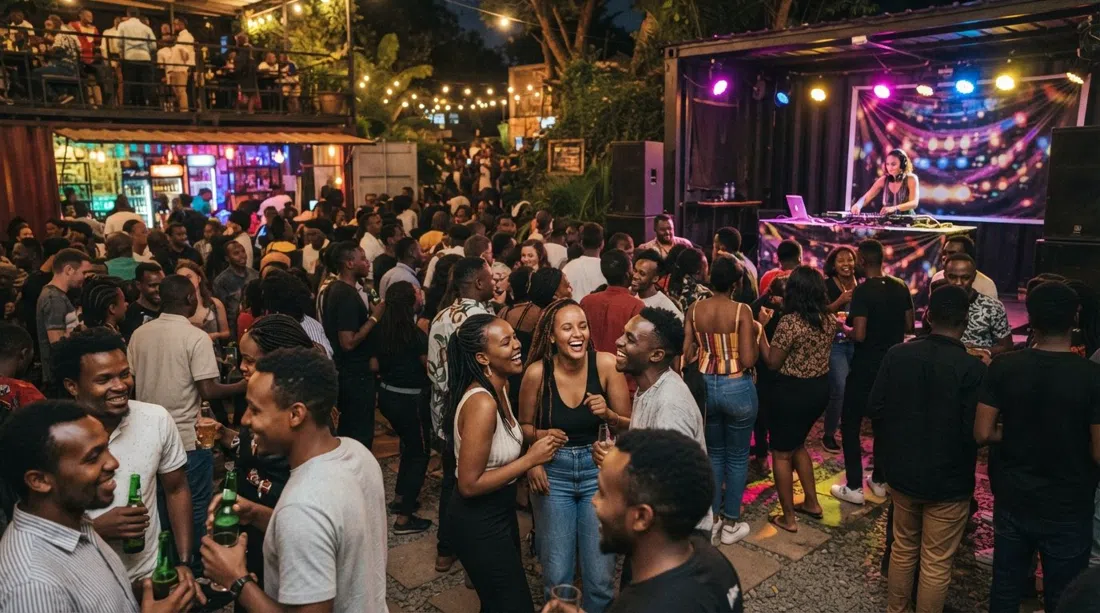 The Alchemist en Parklands Road por la noche, patio al aire libre lleno de gente, bares de contenedores marítimos, luces de escenario y DJs en acción